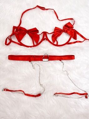 Red Satin Bow Open Cup Bra Set - Women Intimates